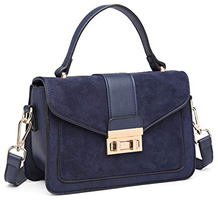 Miss Lulu Damen Tasche Henkeltasche Mittelgroß Umhängetasche Tasche mit Kunstleder und Wildleder Vintage Flap Handtasche Crossbody Bag mit ovaler Metallverzierung Elegant Exquisit