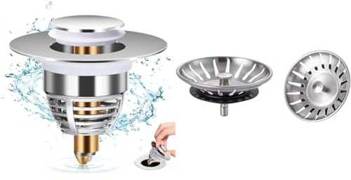 Diboniur Bonde Lavabo Universel, Bouchon de Vidange Amélioré, Pull Type Bonde Evier & Ibergrif M34351-2, 2 Pièces Bouchon Evier Cuisine INOX - Filtre Evier Universel, Bonde Evier