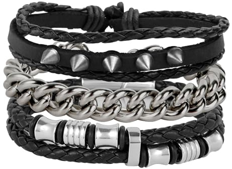 Eigso 3 Stück geflochtene Leder Manschetten Armbänder für Männer Frauen Unisex Vintage Retro Edelstahl Link Armband für Mann Frau