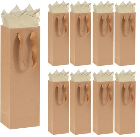 12 Stück Flaschentüten Geschenktüten für Wein 35,5× 11,5× 9cm Kraft Weintasche mit Seidenpapier und Karten für Hochzeit, Geburtstag, Weihnachten
