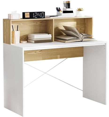 HOMCOM Bureau avec Rangement Table d'ordinateur 110 x 50 cm avec 2 Compartiments Ouverts et étagère de Rangement, Bureau Informatique pour Chambre, Petits espaces, Blanc et Naturel