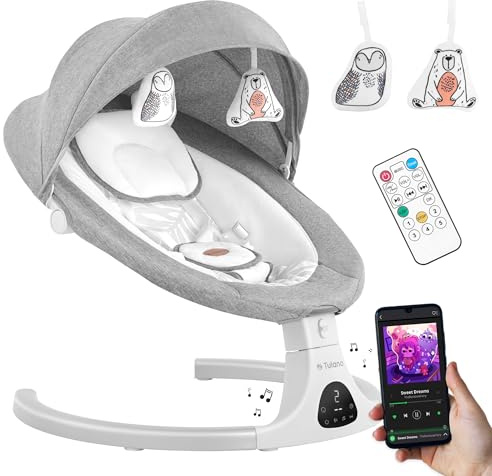 Tulano Astrid 35 – Elektrische Babywippe mit Timer & Sensor – Automatische Babyschaukel ab Geburt – 5 Geschwindigkeiten & 15 Melodien – Bluetooth & Fernbedienung – Moskitonetz – Bis 9kg - Grau