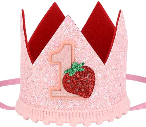 Tinoaly Berry First Birthday Hat for Girls, Sweet Pink Sequin Strawberry Crown Headband Cute 1st Birthday Party Celebration Cap for Cake Photo Props Baby Shower Decoration Supplies