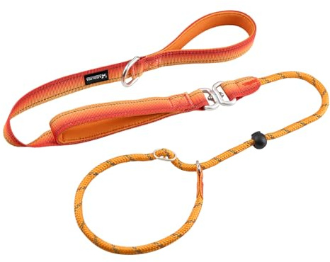 Arblina retrieverkoppel med dragstopp, retrieverkoppel för små/medel/stora hundar med dubbla handtag, träningshundkoppel med Hi-vis ljusreflekterande design, slip bly för hund, orange, 1,3 m