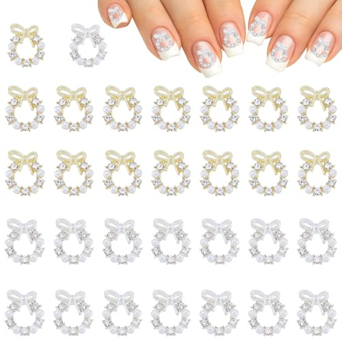 NICENEEDED 30 breloque pour Ongles en Forme de Couronne Argentée et Dorée de Perles de Noël 3D Nœuds en Alliage et Strass pour Décoration de Noël et d'hiver pour Femme