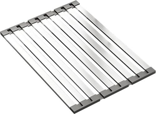 QUMOX Escurridor Enrollable 45x32,5cm de Acero INOX 304 con Bordes de Silicona, Resistente al Calor, Rejilla Plegable para Platos, Frutas, Tabla de Cortar