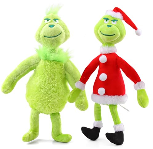 HYZMSZA 2 Stück Weihnachtsmuffel Kuscheltier, 32cm Santa Grin Hunde Plüsch Puppe mit Weihnachtsmütze, Grün 3 Plüschtier als Wurfkissen Stofftier, Weihnachtself Geschenk für Kinder Xmas Dekoration