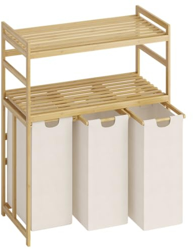 Bellamio Newa Wäschekorb 3 Fächer, 3x50 L, 2 Ablagen, Beige, Bambus | Wäschesammler, ausziehbare & abnehmbare Wäschesäcke, Wäschesortierer, Wäscheboxen, Schmutzwäschebehälter, Bad & Schlafzimmer