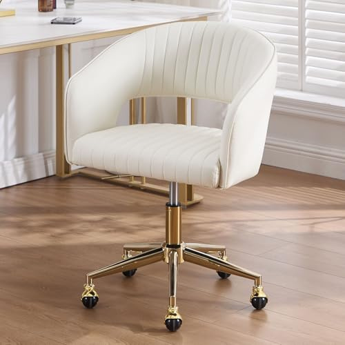 Ya-Home Bürostuhl drehbar Schminkstuhl höhenverstellbar, Kunstleder, Weiß | Schreibtischstuhl mit Armlehnen, Drehstuhl mit Rollen, durchbrochene Rückenlehne, steppdesign, goldfarbener Metallsockel