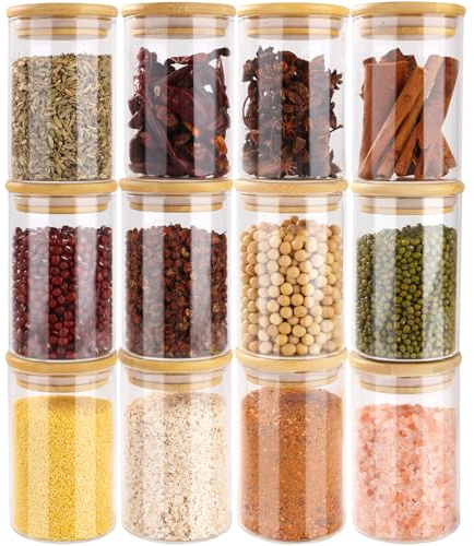 Otauoaea 12 Pot a Epices Ronds, 250ml Bocaux à Épices en Verre et Bois, Bocaux en Verre Hermetique Récipient à épices, Boite Epices Cuisine Rangement, ⌀6,5cm x 10,5cm