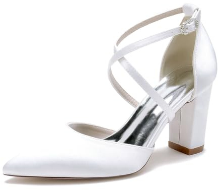 Scarpe col Tacco Donna Eleganti Decollete a Cinturini Incrociati Scarpe da Sposa con Punta Chiusa,Bianca,37 EU