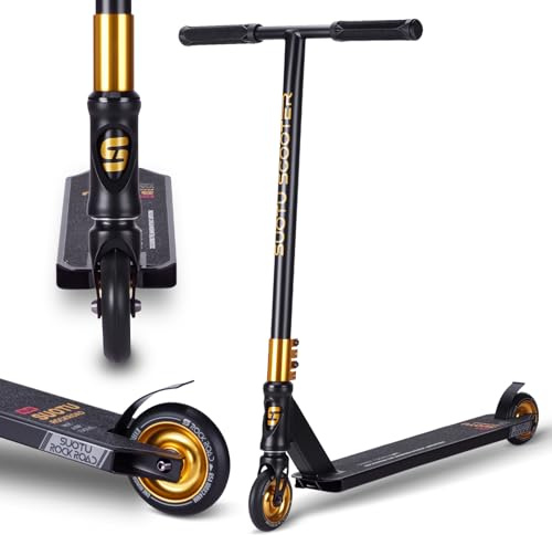 SUOTU Patinete Freestyle, Dirección de 360°, Ruedas de PU de 85A 100 mm, Scooter Freestyle para Niños Adolescente y Adultos, Capacidad Máxima de Carga: 100 kg, Aluminio (Negro– Dorado)