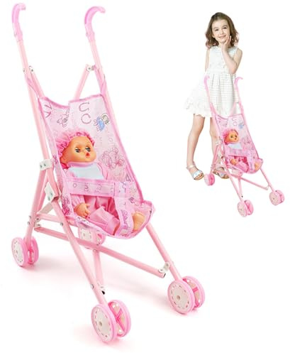 Ensemble de Poussette de poupée pour bébé, 2 pièces/Ensemble Poussette poupée Pliable avec, bébé posable Mignon avec des vêtements Portables, Chariot pour Les Tout-Petits Filles |.avec
