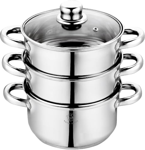 Royal Swiss Combiné Vapeur 3 Corps en acier inoxydable - Poignées Fixes - Cuisson saine et respectueuse des vitamines - Pour induction, gaz et électrique - Couvercle en verre avec sortie vapeur (22cm)