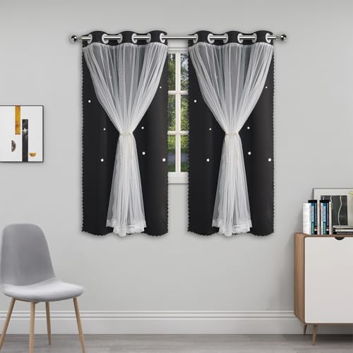 Ftinala Cute Blackout Curtains with Sheer Overlay - Black Aesthetic Double Layer Star Cutout Curtain for Teen Girls Room, 60 Inch Length 2 Panels Kids Bedroom Nursery Decor Short Drapes