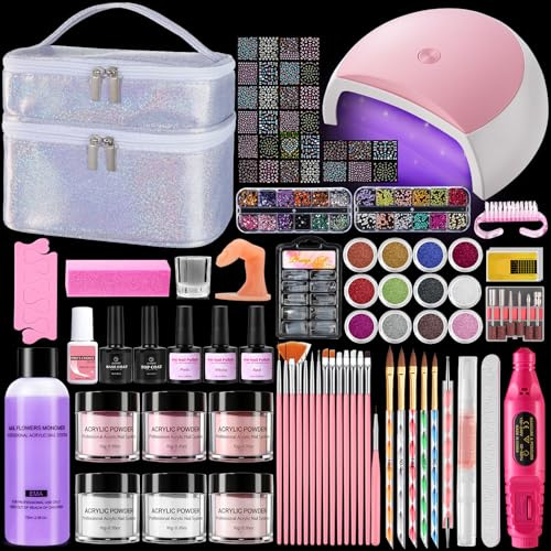 Deciniee Akrylnagelkit: Akrylpulverset med UV-lampa/elektrisk nagelborr/falska tips/6 färger pulver+monomer gel naglar set nageldesign i silverpresentpåse kvinnor