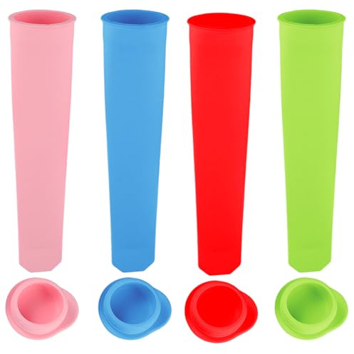 Moldes para Helado de Silicona, Pack de 4 Moldes de Helado de Tubo con Tapas, Polos de Hielo Reutilizables, Sin BPA, para Hacer Polos de Hielo Helado Zumo Batido Yogur (Multicolor)