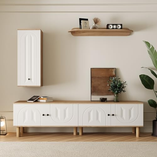 CelticHearth Salón de pared de 3 piezas, blanco y madera, tablero de pared bajo, paneles de puerta tallada, tablero particleboard, 170 x 40 x 50 cm