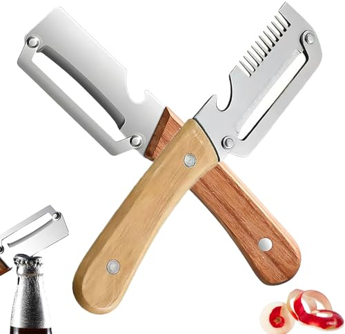 Eplucheur Multifonction, 5 En 1 éPlucheur De LéGumes Multifonction Pour La Cuisine Avec Lame En Acier Inoxydable Ultra-AiguiséE Et Manche En Bois Ergonomique, DéCapsuleur, Et Coupe (A+B)
