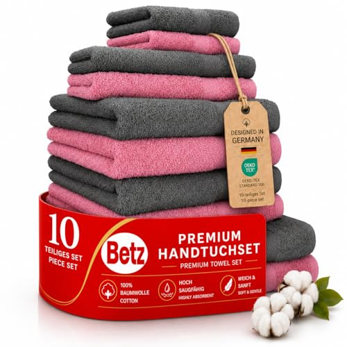 Betz 10-TLG. Handtuch-Set Classic 100% Baumwolle 2 Duschtücher 4 Handtücher 2 Gästetücher 2 Seiftücher Farbe Altrosa und anthrazitgrau