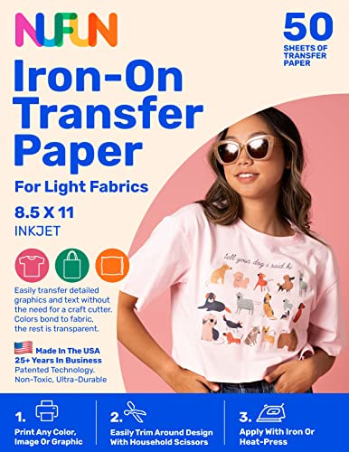 NuFun Activities Bedruckbares Wärmetransferpapier zum Aufbügeln, für T-Shirts, leichte Stoffe, 50 Blatt, 21,6 x 27,9 cm, langlebig, langlebig, professionelle Qualität, einfach zu basteln, ungiftig,