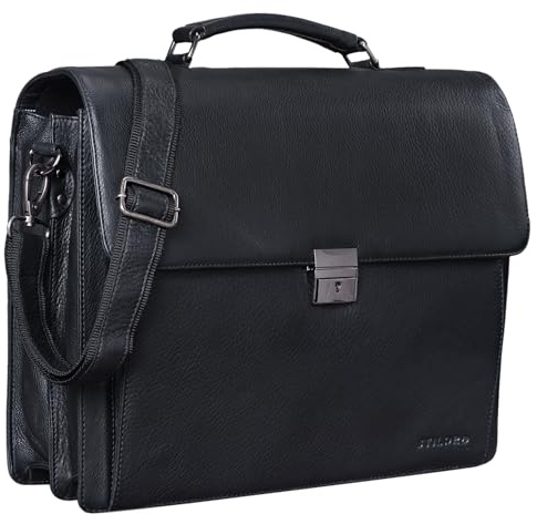 STILORD Johann Klassisk aktväska för herrar och damer, affärsväska för 15,6 tum laptop, passar stora DIN A4 mappar med lås av nötköttsläder Farbe:Obsidian-svart