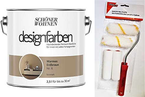 Schöner Wohnen designfarben feinmatte Wandfarbe für innen 2,5 Liter mit go/on Rollen-Set 5-tlg (Nr 6 Warmes Erdbraun)