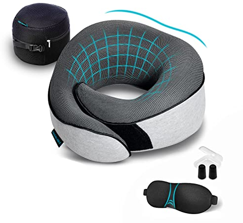 Proglobe Nackenkissen Flugzeug, Reisekissen 100% Memory Foam, Orthopädisches Nackenhörnchen, Ideal für Reisen mit Flugzeug, Auto, Zug Mit 3D-Schlafmaske, Hochwertige Netztasche, Grau