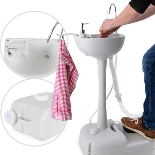 Stagecaptain PSW-17 Quixie Portables Festival Camping-Waschbecken Deluxe Set - Mechanische Fußpumpe - Wassertank mit 17 Liter - inklusive 24 Liter-Auffangbehälter für Abwasser - hellgrau