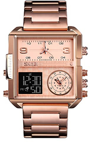 SKMEI Quadratische Uhren für Herren,LED-Hintergrundbeleuchtung,Großbild,Multi-Zeitzone,Herrenuhr,wasserdichte,analoge,digitale Herren-Sportuhr