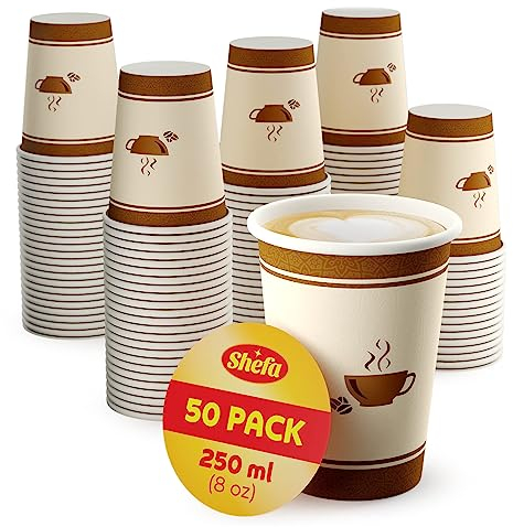 Shefa 50 8oz Paper Drink Cups - Heat-Resistant, BPA-Free Hot & Cold Cups for Takeaway and Coffee Shops