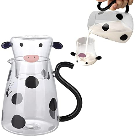 Pomurom 550ml/1800ml Glass Pitcher with Mug, Cute Cow Glass Water Jugs for Milk Juice Milk Coffee Beverage Hot Cold Tea, Bedside Water Carafe with Cup Set, Hot Cold Glass Jug for Home Hotel