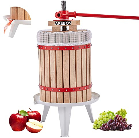 Arebos Prensa de frutas 18L | Exprimidor manual I Prensa de bayas incl. tela de prensar, placa de presión y husillo metálico I Para todo tipo de zumos y verduras