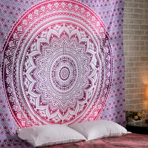 RAJRANG Ombre Mandala Tapestry Wall Hanging Hippie Cotton Tapestries Beach Throw College Dorm Decor Bohemian Boho Bedsheet - Pink - King 230x274 cm
