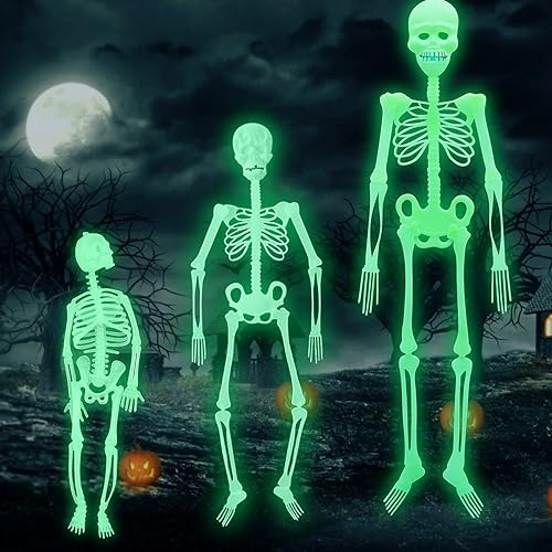 3 Stück Halloween Deko, Skelett Requisite, Halloween Leuchtendes Schädel, Haunted House Tricky Prop Spielzeug Hängen, Gruseliges Leucht Skelett für Festival Spukhaus