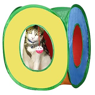 Andiker Katzentunnel, buntes, faltbares, quadratisches, buntes Katzen-Pop-Up-Zelt passt zu den meisten Katzenröhren, Polyester-Katzenzelt mit einem Glockenball, 3 Löcher, Katzenröhren für