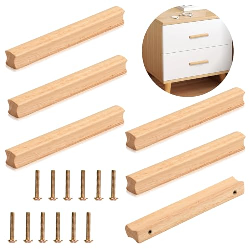 Paket med 6 Möbelhandtag i Trä, Handtag i Träskåp Med Skruvar, Hålavstånd 128 mm, Möbelhandtag i Massivt trä, Universalhandtag i Trä, Kökshandtag, Dörrhandtag, Lådhandtag för Skåp, Kontor Och Kök