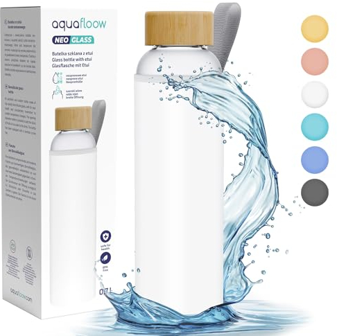 Aquafloow Borraccia con Custodia 700 ml in Vetro, Borosilicato Trasparente con Coperchio Protettivo e Tappo a Vite | Ideale per Lavoro, Scuola, Fitnes – Bianco