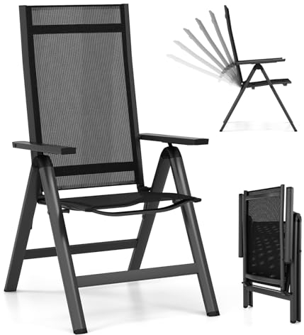 GOPLUS Gartenstuhl klappbar, Balkonstuhl aus Alu 7-Fach verstellbar, Klappstuhl mit hoher Rücklehne & bequemer Armlehne, 110 kg belastbar, Hochlehner Terassenstuhl Campingstuhl, Schwarz