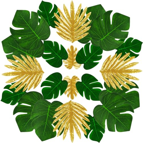 QUOZUO 48 Stück Monstera Pflanze Künstlich Palmenblätter Tropische Blätter Dekorationen Palmblätter für Dschungel Strand Geburtstag Luau Hawaiian Party Dekorationen