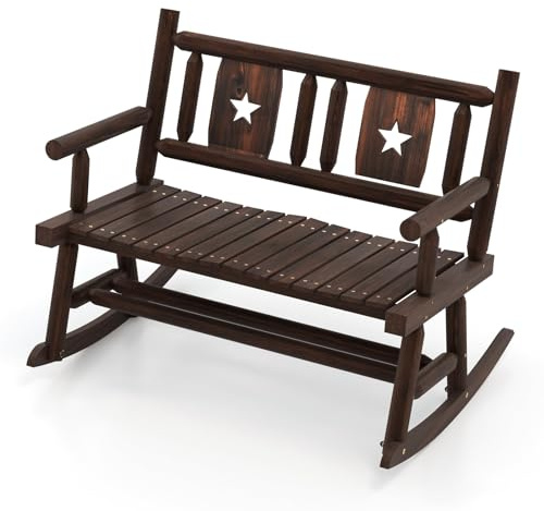 COSTWAY Banc à Bascule de Jardin en Bois Massif de Sapin, Chaise à Bascule à 2 Places avec Assise à Latte, Siège d’Extérieur en Bois Carbonisé Anti-Corrosion, Style Rustique, Charge 320 KG(Style 2)