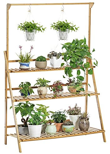 Blumenregal Pflanzenregal Hängender Pflanzenhalter-Ständer, 3-stufige Leiter, Pflanzenregale, Bambus-Aufbewahrungsorganisator, zusammenklappbare Gartenregale, Blumenständer, Garten-Display, Leiter-Pf