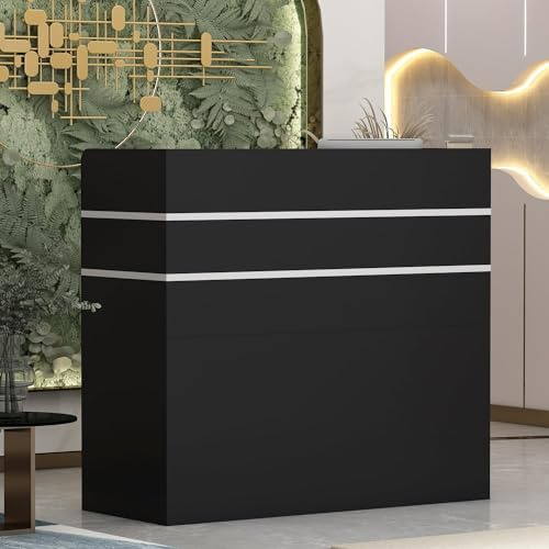 PREMTURE Reception Desk with Lockable Drawers, Reception Counter, Shop Counter Sales Desk, Office Furniture Reception Furniture with 3-Drawers and 1-Cupboard, 120W x 48D x 110H cm (Black)
