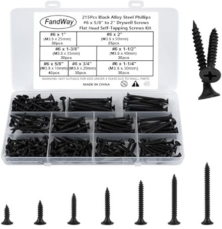 FandWay 215Pcs Drywall Screws Set,M4.2 Wood Screws Black,Flat Head Self Tapping Screw,Countersunk Head Self Drilling Sheet Metal Screw Phillips Drive for Soft Steel/Aluminum/Wood/Plastics.