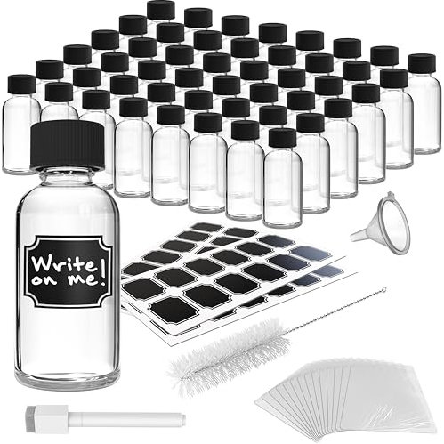 Nevlers Clear 2 Oz Glass Bottles with Lids 48 Pack | 59mL Juice Shot Bottles with Caps for Immunity & Wellness Shots, Ginger, Vanilla Extract, Perfume | Leakproof Travel Shot Bottle Set w/Accessories