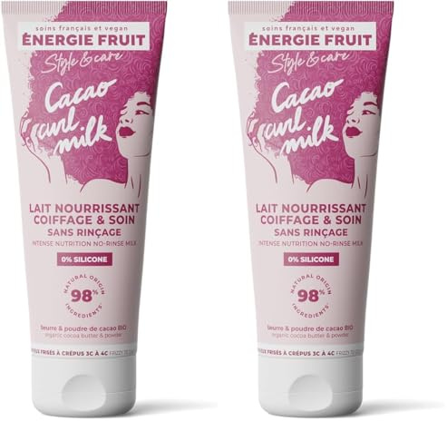 ENERGIE FRUIT | Lait coiffant sans silicone | Beurre & poudre de cacao | Cheveux Frisés & Crépus | Vegan, Marron, 200.00 ml (Lot de 2)