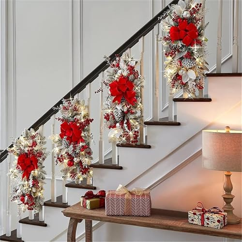 Adorno artificial de lágrima de Navidad, decoración de escalera con luces LED, guirnaldas de Navidad de gran tamaño, para puerta delantera, pared, ventana, decoración de escalera (rojo, 17.7 x 7.8
