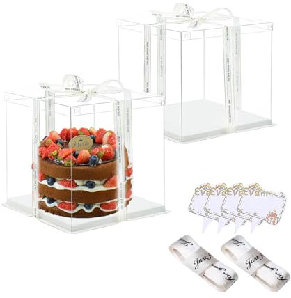 Vebetter 2pcs Boite a Gateau Transparente Boite Layer Cake Boite de Transport Gateau 22x 22cm Réutilisable Boîte à Gâteaux en Plastique avec Ruban pour Gateau et Présentoir à Dessert, 6 inch.