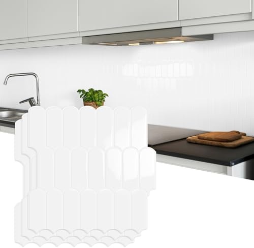 3D Credence Adhesive pour Cuisine Stickers Carrelage,Blanc autocollants Crédence Adhesive pour salle de bain, Adhesif Mural en vinyle Autocollant(10-Pièces, 30,5 x 30,5cm)
