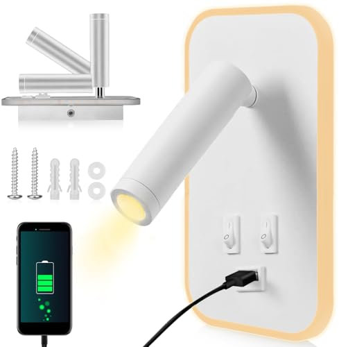 UrbanHomes 3W+9W LED Lámpara De Lectura Luz De Lectura Con Interruptor Apliques Para Lectura En Interior Iluminación de Pared puerto de carga USB Lámpara Para Dormitorio Hotel (Blanco)